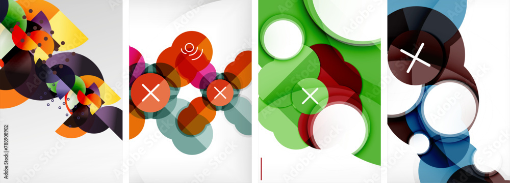 Poster a vibrant textile collage of colorful circles embellished with xs resembling petals on a creative ar