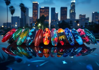 Glamorous Hollywood-Inspired Nail Art Against LA Skyline at Twilight
