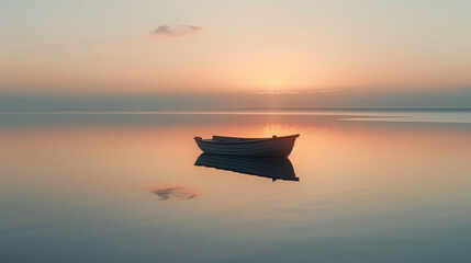A lone boat floats on calm waters under a gentle sky at sunset