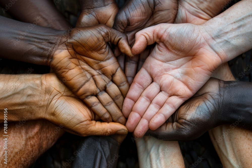 Aufkleber interlocked hands forming heart: multicultural unity in soft light for global love day