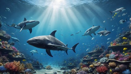 World Oceans Day Save Environment,Beautiful Underwater in wild nature background,Generative Ai.