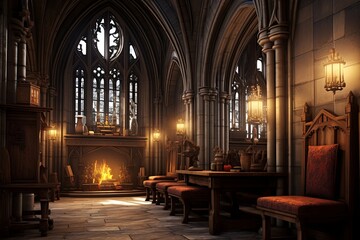 Fototapeta premium Mystical Office Makeover: Gothic Cathedral Inspired Ideas with Medieval Tapestries and Candle Holders