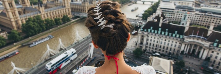 Elegant Woman with French Crop Hairstyle and Bridal Clips Overlooking the London Eye