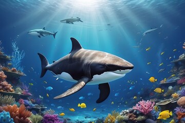 World Oceans Day Save Environment,Beautiful Underwater in wild nature background,Generative Ai.
