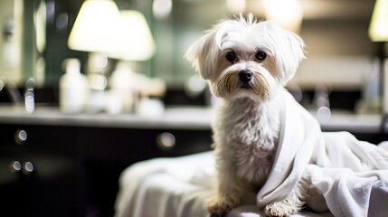 A small white dog sits on a towel in front of a mirror.