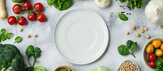Fresh raw greens, vegetables, and grains are arranged on a light grey marble kitchen countertop, with a white plate placed in the center. This top view image conveys the ideas of healthy, clean eating