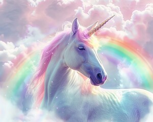 Obraz na płótnie Canvas Magical unicorn and rainbow wallpaper, pastel dreamland, perfect for a whimsical celebration