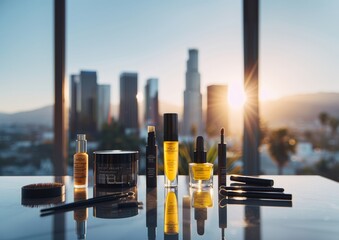 Sunset Glamour in LA: High-Fashion Makeup Tools with Skyline Backdrop