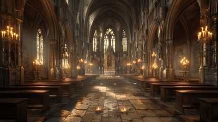 A hushed and peaceful abbey sanctuary filled with worn and weathered wooden pews that lead to a grand altar. The ethereal light of flickering candles dances across the towering vaulted . - obrazy, fototapety, plakaty