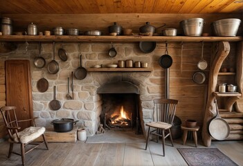 Interior Design of a 19th-Century Log Cabin
