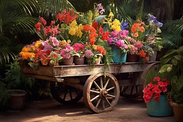 Fototapeta na wymiar Impressionist Painter's Garden Decors: Vintage Garden Carts & Potted Rainbows