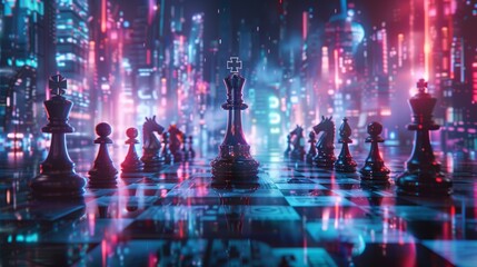 Strategic Duel in Neon City: Chess Pieces Engage on Gleaming Board
