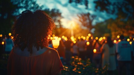 Twilight Peace Vigil in City Park: Diverse Ethnic Groups Unite with Candles and Signs - obrazy, fototapety, plakaty