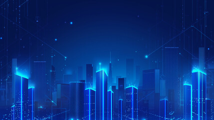 A cityscape with tall buildings and a blue sky. The city is lit up with neon lights, giving it a futuristic and vibrant feel - obrazy, fototapety, plakaty