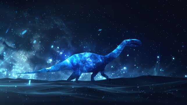 Beautiful starry low poly illustration with shiny blue dinosaur silhouette on the dark background AI generated