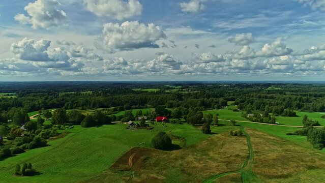 Aerial vistas of verdant European scenery in the Baltic region, captured by drones
