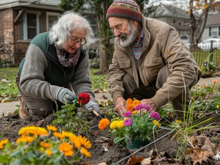 Joyful Elderly Caucasian Couple Gardening Together in a Sunny Community Garden