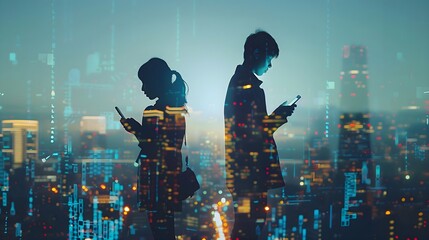 Exposure of man and woman holding smartphones double with new technology and innovation city Internet connection towers, a world of communication without borders