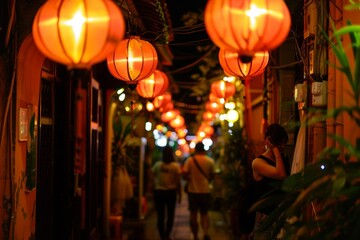 A maze of narrow alleyways adorned with glowing paper lanterns, leading visitors on a magical journey through the lively atmosphere of the night market, Generative AI