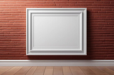 Horisontal white wood frame mockup on the red brick wall background. Blank canva mockup