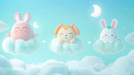 Soft pastel crayondrawn kawaii characters, floating on clouds for dreamy nursery walls