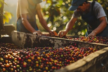 Coffee Farmers Sorting Freshly Harvested Coffee Beans, Meticulously Selecting Only the Highest...