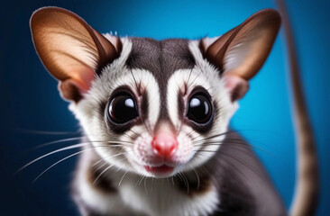 Obraz premium Portrait of sugar glider on the blue background, selective focus