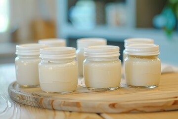 A neat arrangement of glass jars filled with cream on a tray
