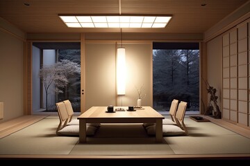 Fototapeta premium Minimalist Tatami Bed & Bamboo Shades: Japanese Ryokan Guest Room Concepts