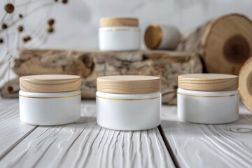 Collection of white jars filled with cosmetic products placed on a wooden table