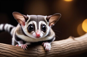 Cute sugar glider sits on branch on brown background, selective focus