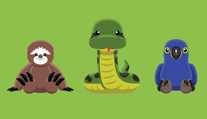Naklejka premium Doll Amazon Sloth Anaconda Hyacinth Macaw Animal Cute Cartoon Vector Illustration