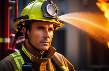 Portrait of fireman wearing helmet and fire protection suite for safety on the fire background