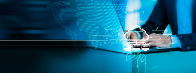 Businessman using a laptop and working on cloud computing technology in the digital era.