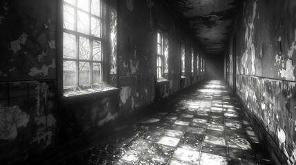Eerie Abandoned Asylum Ghostly Apparitions in Haunting Illustration