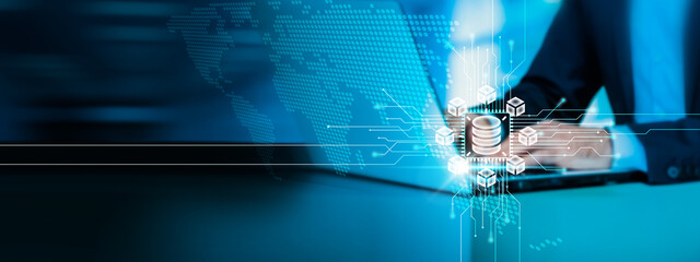 Blockchain Security. Businessman using laptop and engaged with blockchain technology, networking.