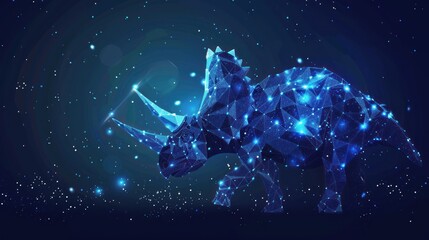Beautiful starry low poly illustration with shiny blue triceratops silhouette on the dark background AI generated - obrazy, fototapety, plakaty