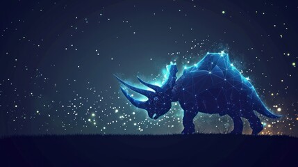 Beautiful starry low poly illustration with shiny blue triceratops silhouette on the dark background AI generated - obrazy, fototapety, plakaty