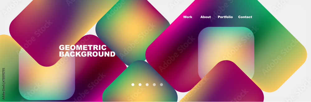 Poster a vibrant geometric pattern of colorful squares in shades of purple, violet, and magenta on a white 