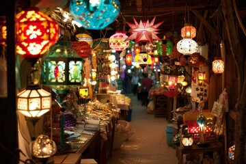 Lantern-lit pathways winding through the market, revealing hidden treasures at every turn, from handcrafted trinkets to exotic street foods, Generative AI