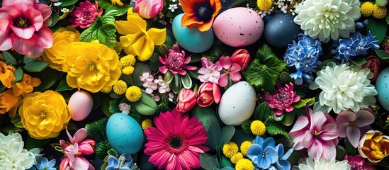 Fresh spring flowers as a backdrop for Easter. - obrazy, fototapety, plakaty