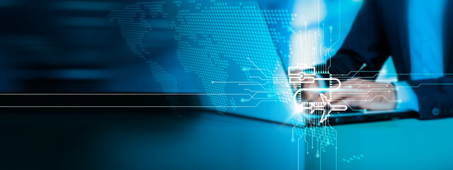 Online Travel. Tourist using laptop and smartphone on internet technology for travel planning and booking.