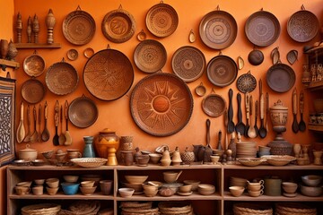 Moroccan Spice Market Kitchen Decors: Clay Plates, Wall-Mounted Shelves, Copper Utensils Display