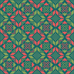 carpet sample. aztec motifs. vector seamless pattern. repetitive background. coral, green, blue, yellow geometric shapes. fabric swatch. wrapping paper. design template for textile, home decor, linen