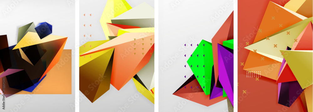 Poster a vibrant collage featuring triangles, rectangles, and an array of tints and shades on a white backg