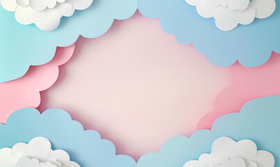 paper illustration in pastel colors, empty space in the middle, paper clouds on the sides