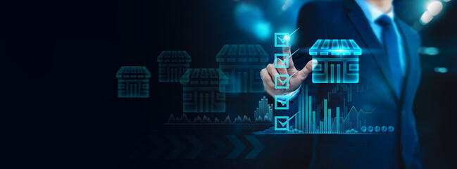 Businessman check online marketplaces, engaging in the virtual evaluation of businesses through an advanced communication technology interface.