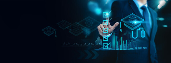 Businessman check their progress and engage in online evaluations within a virtual learning interface, embracing the concept of learning management systems and communication technology.