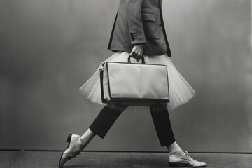 man, with coat, shirt, tie and a briefcase in one of his hands, the lower part of his body has a ballerina tutu, and classic ballerina shoes