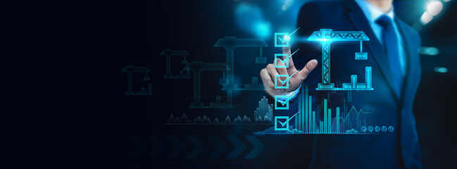 Construction professional assesses progress and quality, utilizing an online appraisal of construction projects through a virtual platform, and communicates using advanced technology framework.